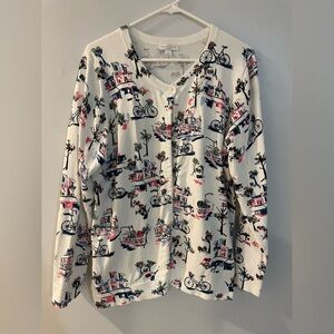 Cardigan with all over print bikes and trees.
Size 2XL Charter Club woman’s
